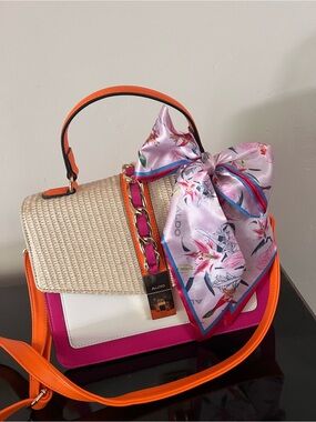 ALDO Pink, Orange & Cream Woven-Top Satchel with Floral Bag Scarf